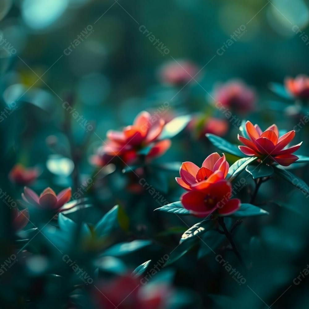 Photorealistic Rendering Of Nature In A Rich, Deep Teal Color Scheme, With A Focus On Luxurious Details, Vibrant Colors, And A Shallow Depth Of Field Creating A Bokeh Effect