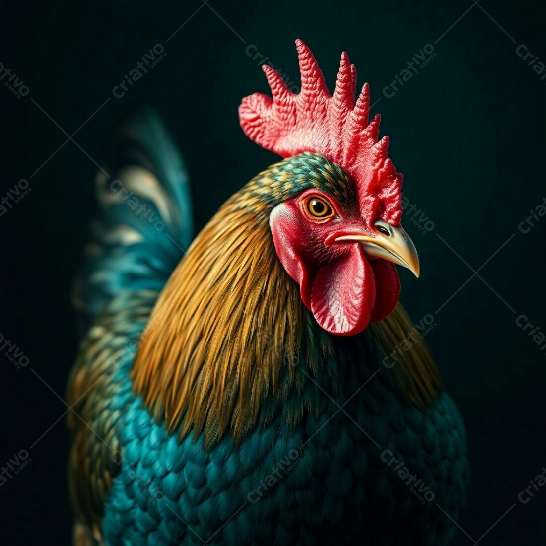 Galo colorido com penas azuis e douradas
