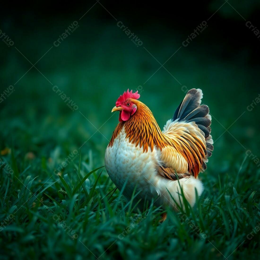 Galo colorido em pasto verde