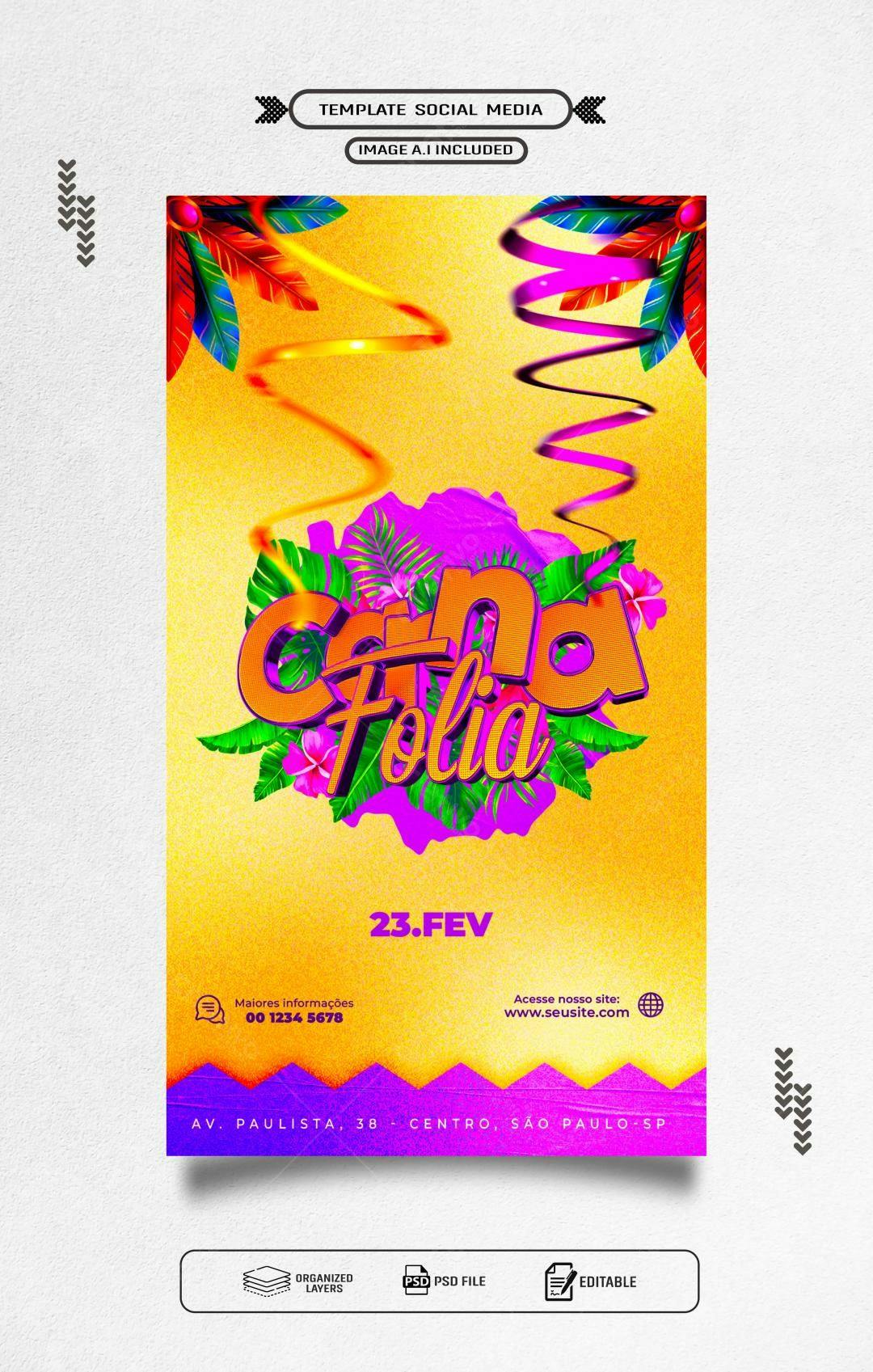 Flyer para Carnaval Folia PSD Editável
