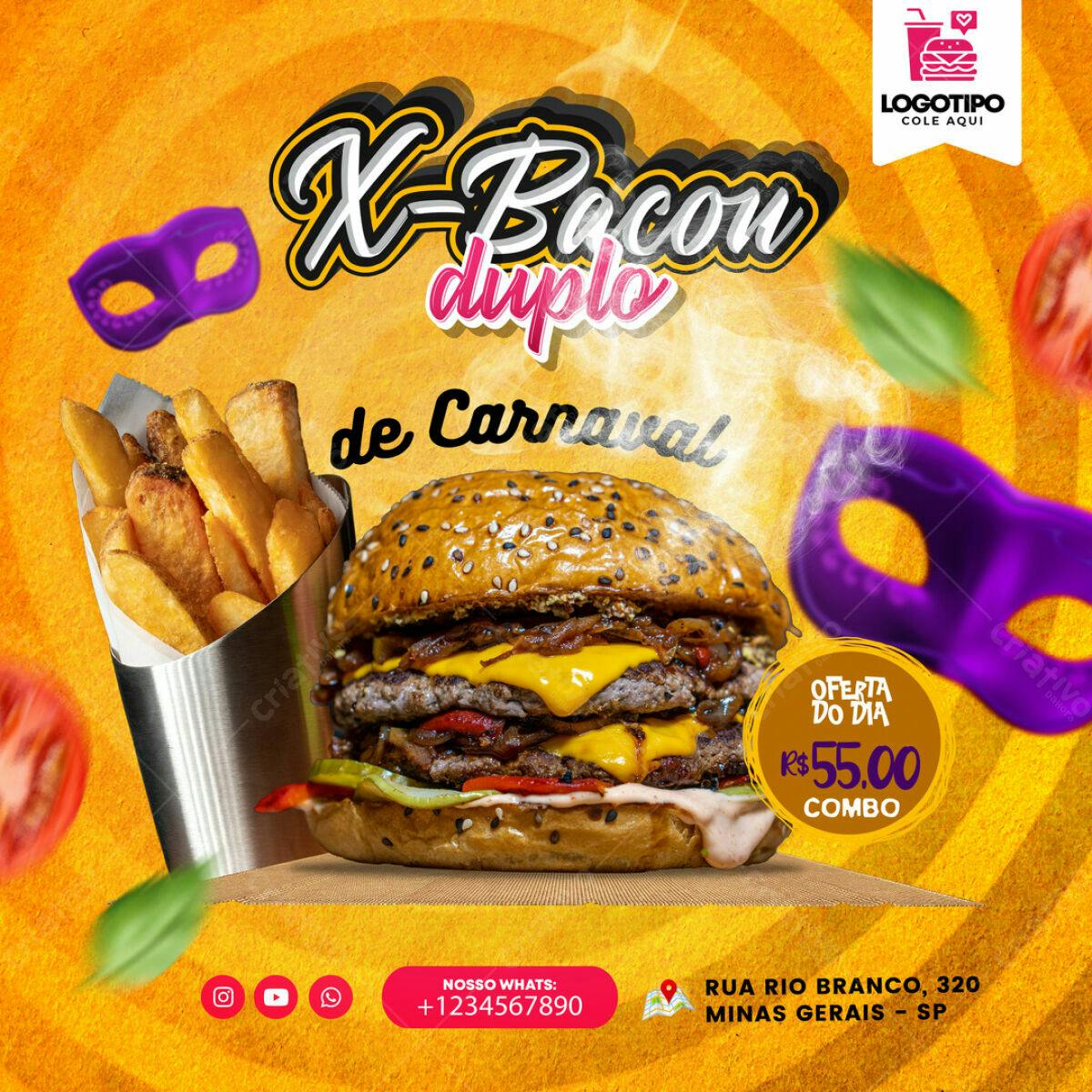 Flyer para Promoção de X-Bacon Duplo de Carnaval PSD Editável