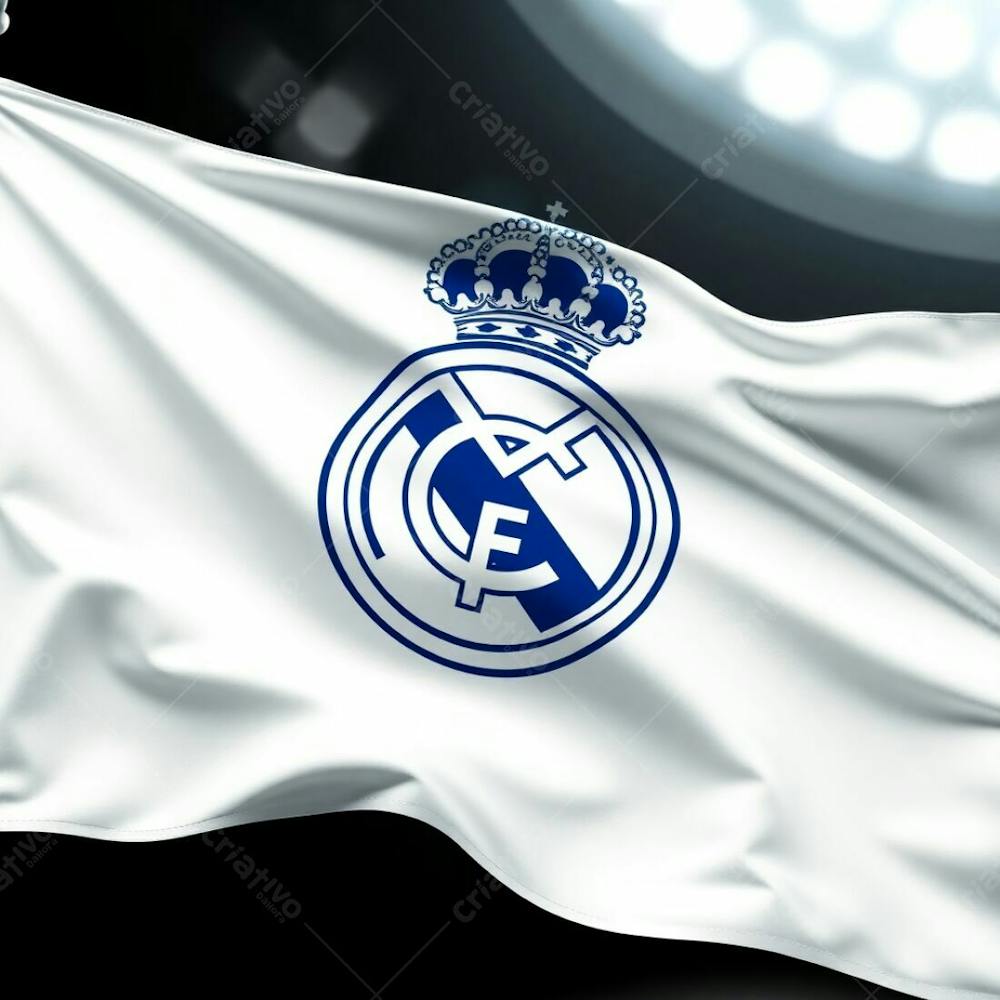 Futuristic Sci Fi Style 3D Render Of A Real Madrid Flag, Advanced Technology And Space Elements Incorporated, Detailed White Fabric, Metallic Crest