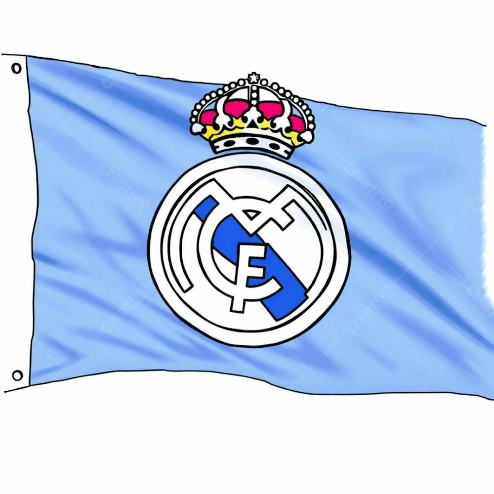 Hand Drawn Sketch Of The Real Madrid Flag In Cool Colors, Blues, Greens, Purples, Color Sketchnote Style, Detailed 3D Effect On The Crest, Realistic Folds And Creases In The Flag