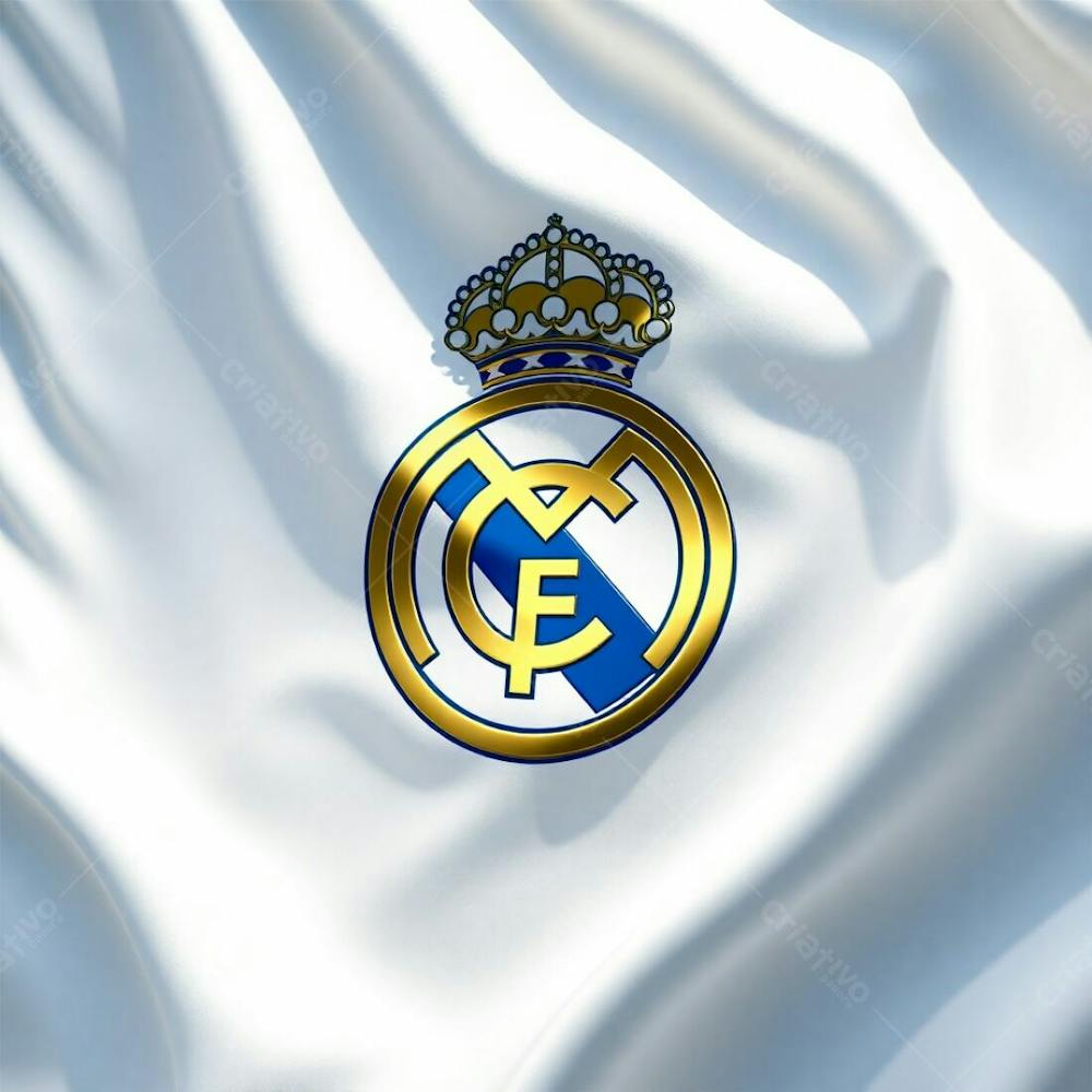 Highly Detailed 3D Render Of A Real Madrid Flag, White Flowing Fabric With Natural Folds, Shiny Metallic Crest, Dynamic Lighting Creating Realistic Shadows, Vibrant Gold And Blue C