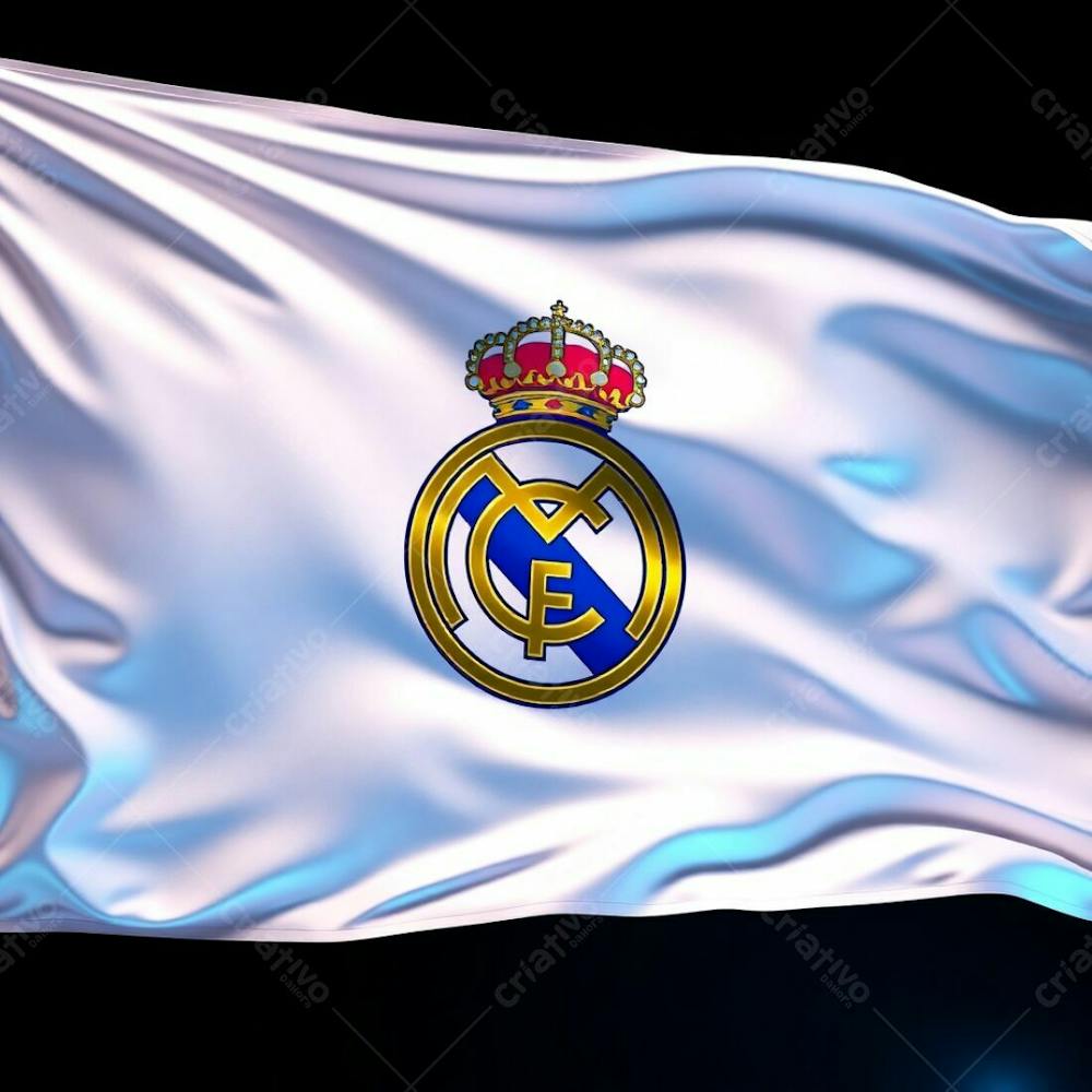 Highly Detailed 3D Render Of The Real Madrid Flag In A Futuristic Sci Fi Style, Iridescent Colors, Realistic White Fabric With Folds And Creases, Shiny Metallic Real Madrid Crest