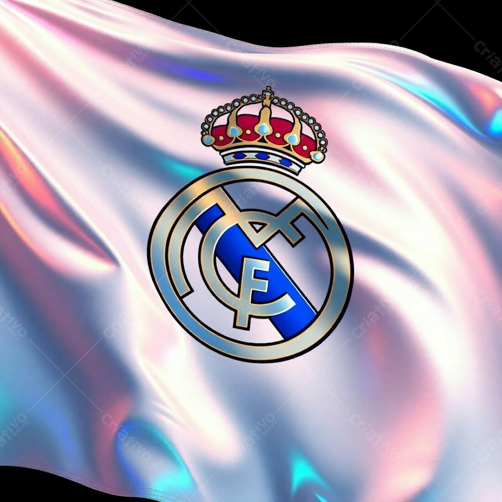 Highly Detailed 3D Render Of The Real Madrid Flag In Isekai Anime Style, Iridescent Reflections, Vibrant Colors, White Fabric With Natural Folds And Creases, Shiny Metallic Real Ma