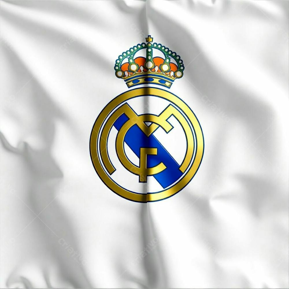 Highly Detailed 3D Render Of The Real Madrid Flag With A Distinct Split, Divided Sections, Bold Areas Of Color, Realistic White Fabric With Folds And Creases, Shiny Metallic Real M