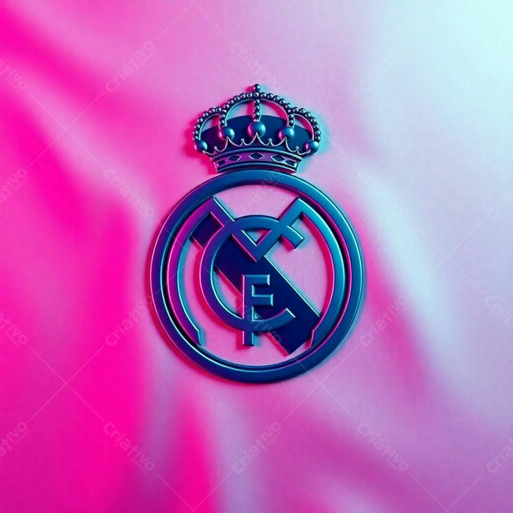 Inspired Logo Design Of The Real Madrid Flag In Surreal Infrared Tones, Geometric Shapes, Clean Lines, Balanced Symmetry, Otherworldly Appearance, Shiny Metallic Real Madrid Cres