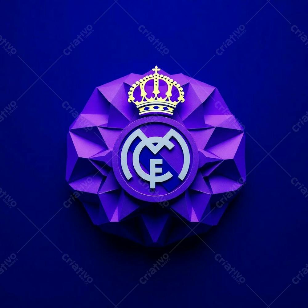 Intricate Origami Style 3D Render, Deep Ultraviolet Hues, Folded Paper Look, Geometric Precision, High Contrast, Real Madrid Flag