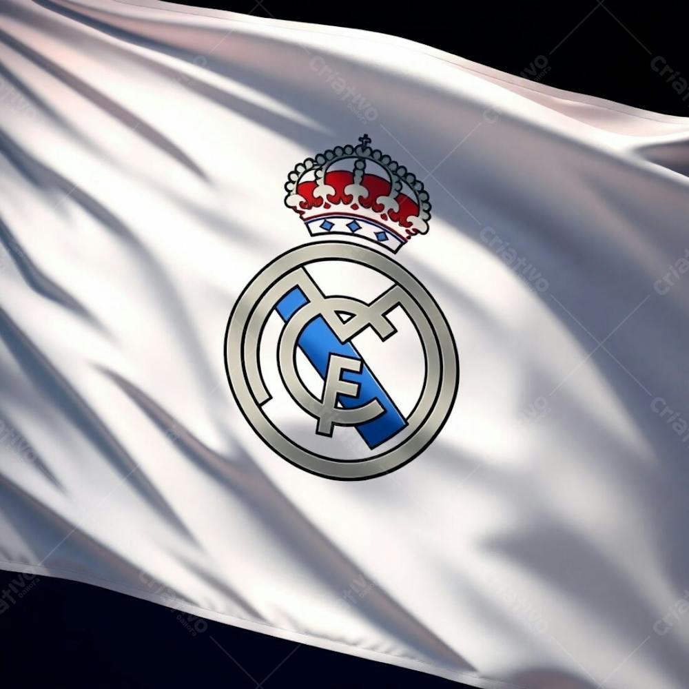 Isekai Anime Style 3D Render Of The Real Madrid Flag, Vibrant Complementary Colors, Balanced Tones, Realistic White Fabric With Folds And Creases, Shiny Metallic Real Madrid Crest,