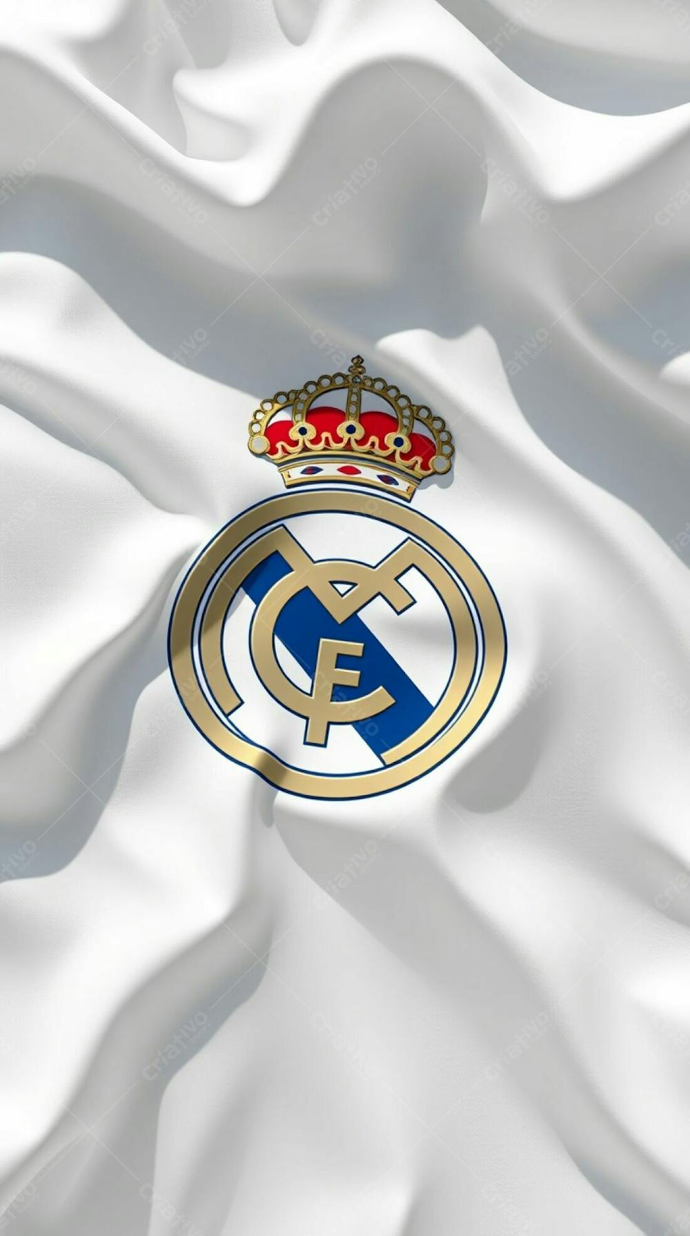 3D Render Of A Real Madrid Flag, Emphasizing Its Flowing Texture. The White Fabric Is Depicted With Natural Folds And Dynamic Shadows. The Crest&#39;S Golden Crown, B