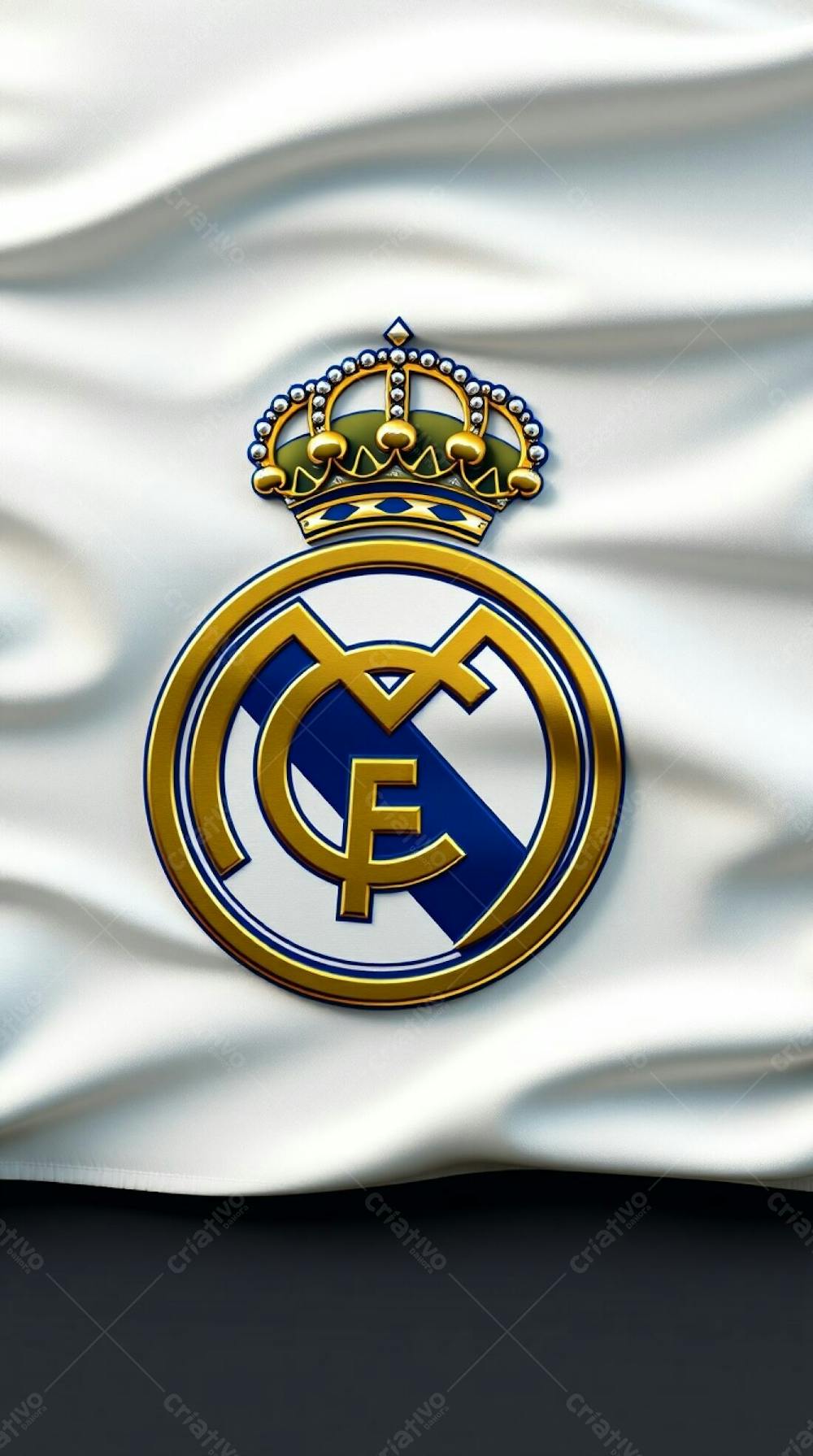 3D Render Of A Real Madrid Flag, Showcasing A Smoothly Textured, White Fabric With Natural Folds. The Crest Is The Focus, With Metallic Gold And Blue Tones, And