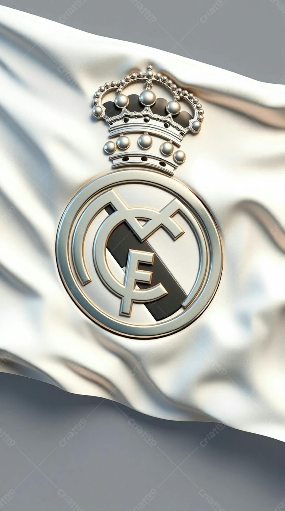 A 3D Model Of A Real Madrid Flag, Digitally Sculpted To Appear As If Made Of Flowing White Clay. The Crest Is Emphasized, Its Metallic Elements Shining Under Dyn