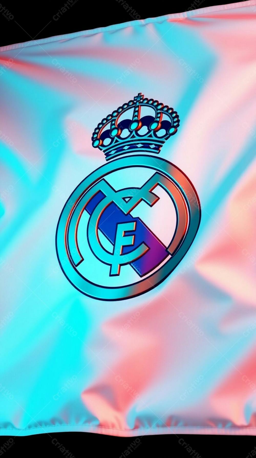 A Highly Detailed 3D Rendering Of The Real Madrid Flag In Electric Vivid Colors. The Flag&#39;S White Texture Shows Natural Folds And Creases, With A Shiny Metallic C