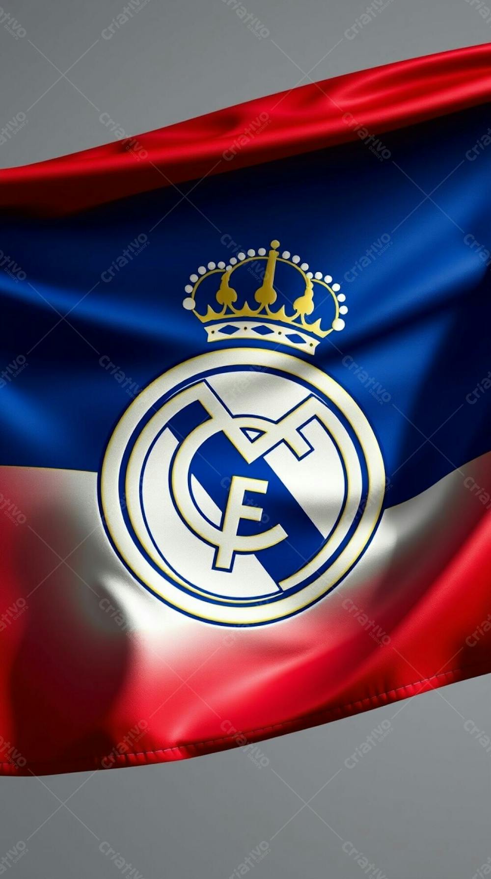 A Highly Detailed 3D Rendering Of The Real Madrid Flag, Rich Burgundy And Deep Blue, With A White, Flowing Texture, Natural Folds, And A Shiny, Metallic Crest. D