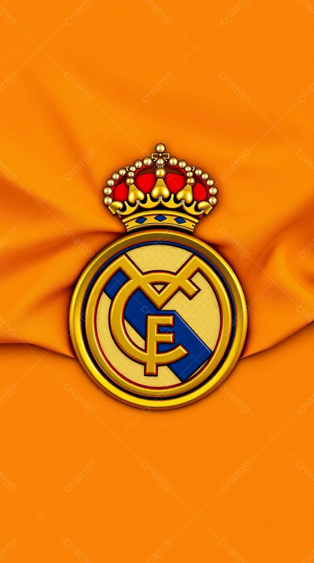 A Logo Inspired By Warm Autumn Colors, Featuring A Highly Detailed, 3D Real Madrid Flag. The Flag Shows Natural Folds And Creases. The Crest&#39;S Gold And Blue Are