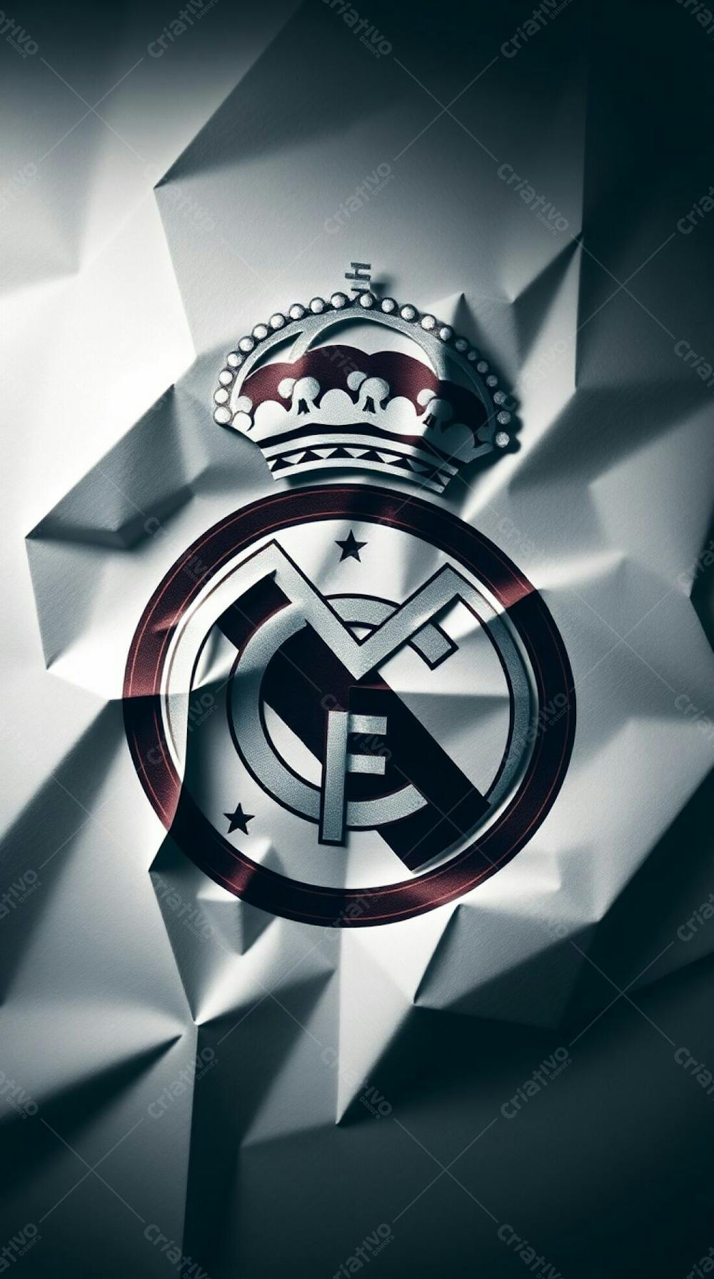 A Moody Style Image Of The Real Madrid Flag Rendered In An Intricate Origami Style. The Flag&#39;S White Texture Is Presented Through Geometric Folds, Creating A Fold