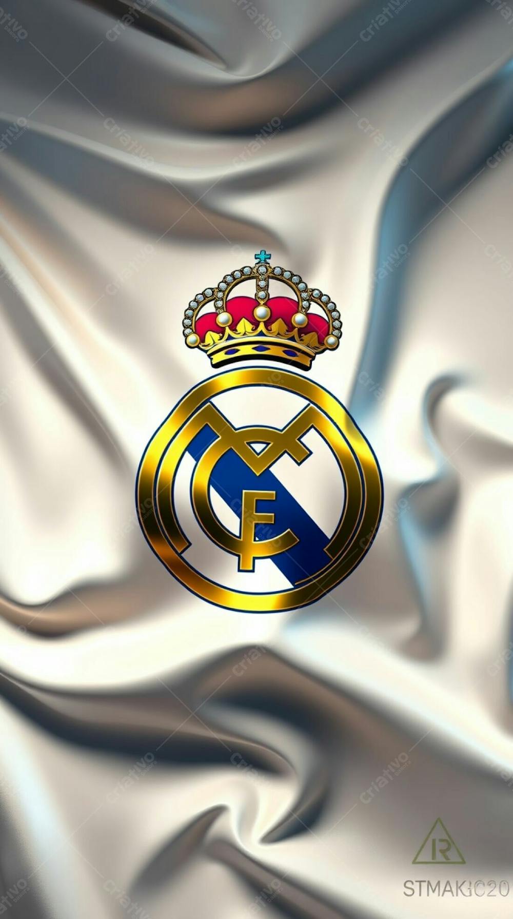 A Photorealistic 3D Image Of A Real Madrid Flag, Elegantly Draped With Soft Folds And Creases, Illuminated By Dynamic Lighting. The Crest Displays A Realistic Met