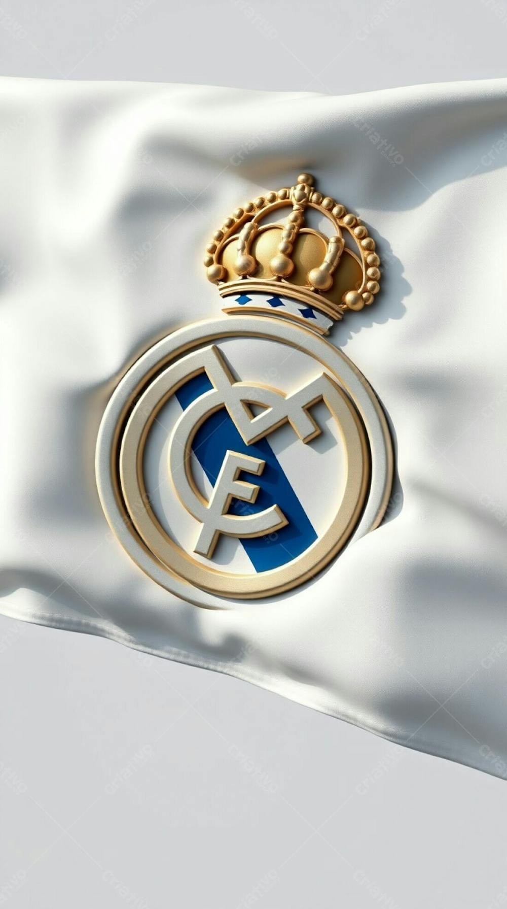 A Photorealistic 3D Model Of A Real Madrid Flag, Stylized As If Carved From Clay. The Flag Is White With Natural Folds And Creases, Exhibiting Smooth Color Gradie