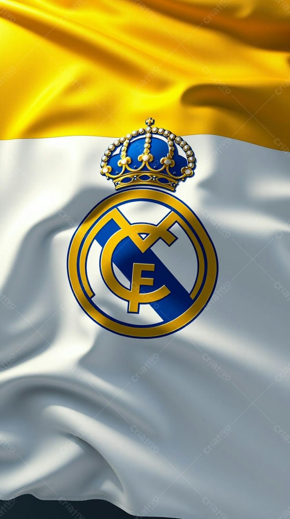 A Photorealistic 3D Render Of A Real Madrid Flag, Rendered In Vibrant Gold And Blue, With A Flowing White Fabric Texture And Natural Folds. The Crest Is Sharply