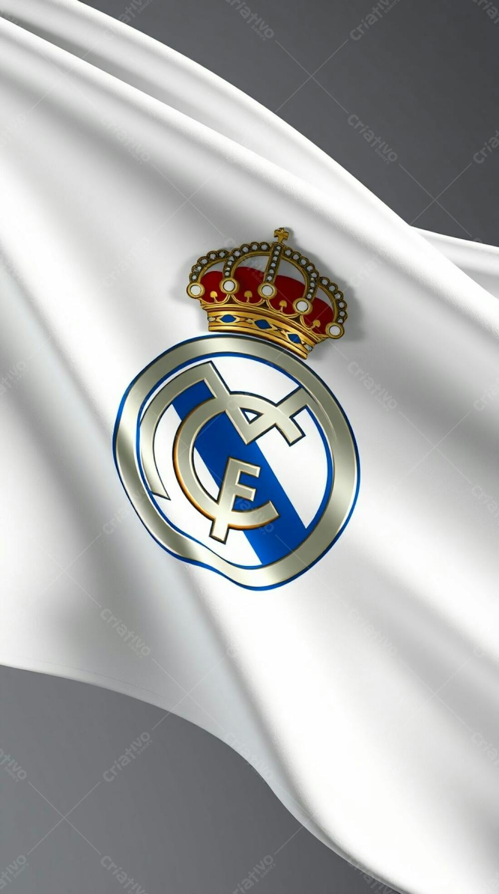 A Photorealistic 3D Render Of A Real Madrid Flag, Styled As If Sculpted From Clay. The Smooth Gradient Transitions Give The White Flag A Soft Texture. The Crest