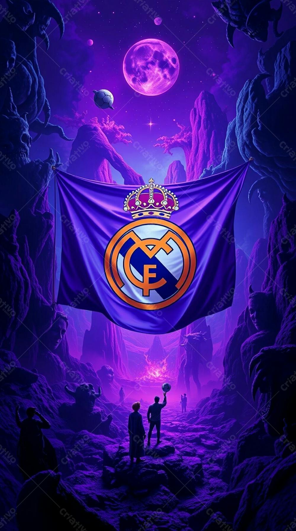 Dreamlike Surreal Imagery, Real Madrid Flag, Deep Ultraviolet Hues, Fantastical Elements, Bizarre Scenes, High Contrast, Vivid Purples