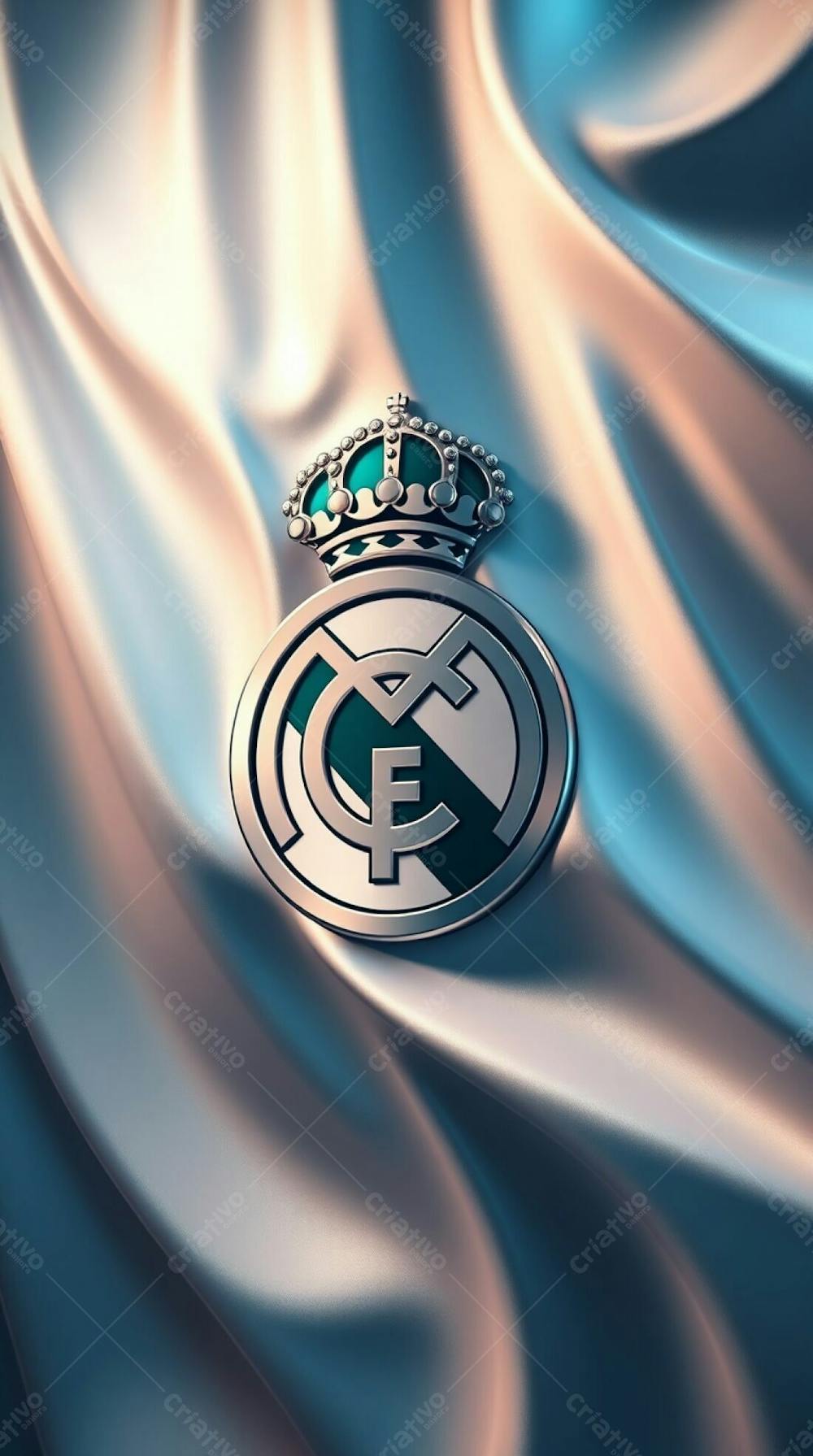 Futuristic Sci Fi Style 3D Render Of The Real Madrid Flag, Rich Deep Teal Accents, White Flowing Fabric, Shiny Metallic Crest, Dynamic Lighting, Realistic Shadows