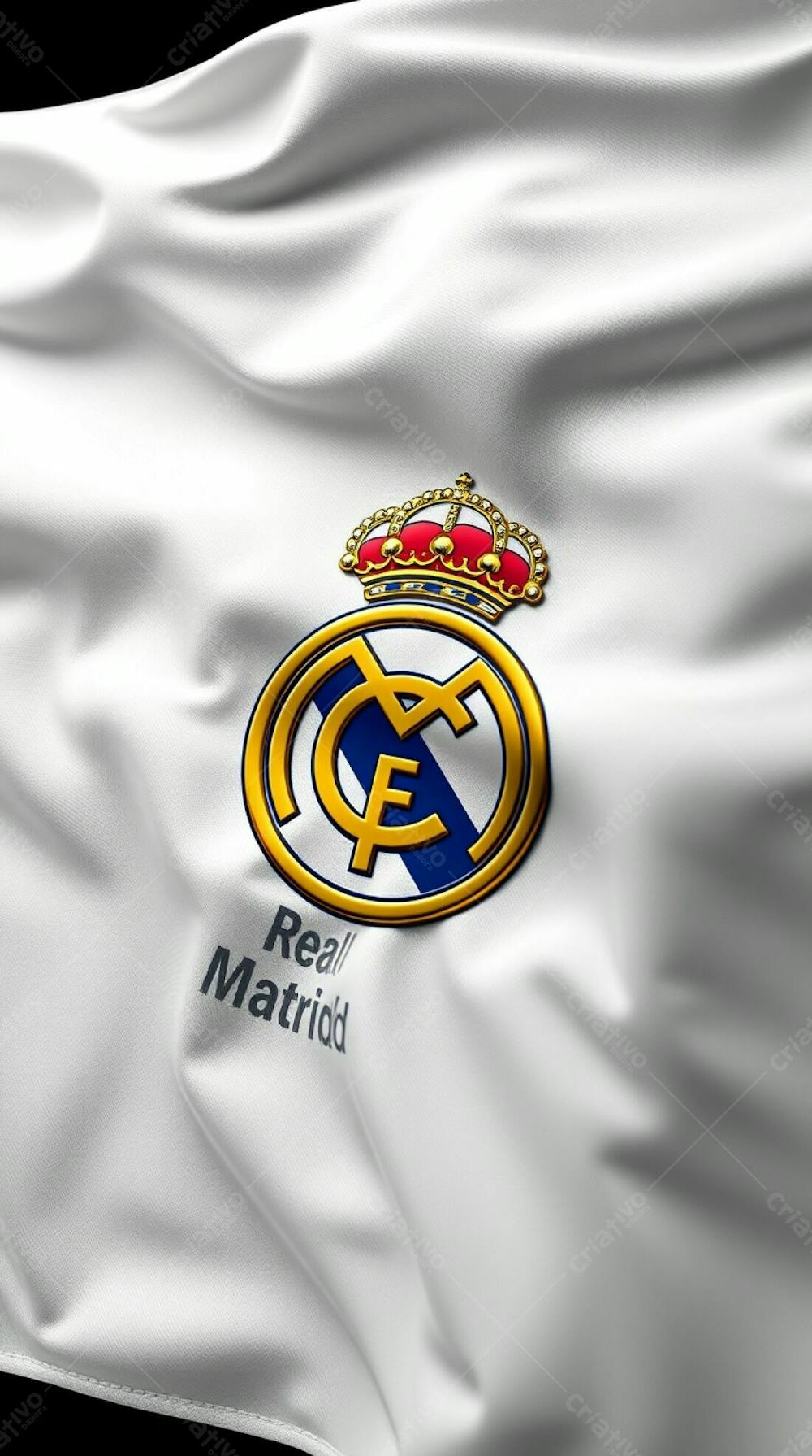 High Detail 3D Model Of A Real Madrid Flag. The White Fabric Is Realistically Textured, Showing Gentle Folds And Waves. The Crest Is Rendered With A Metallic Fini