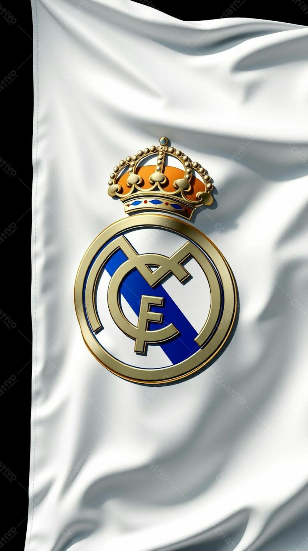 Highly Detailed 3D Render Of The Real Madrid Flag, White Fabric With Flowing Texture And Natural Folds, Crest Featuring Shiny Metallic Gold Crown, Blue Circle