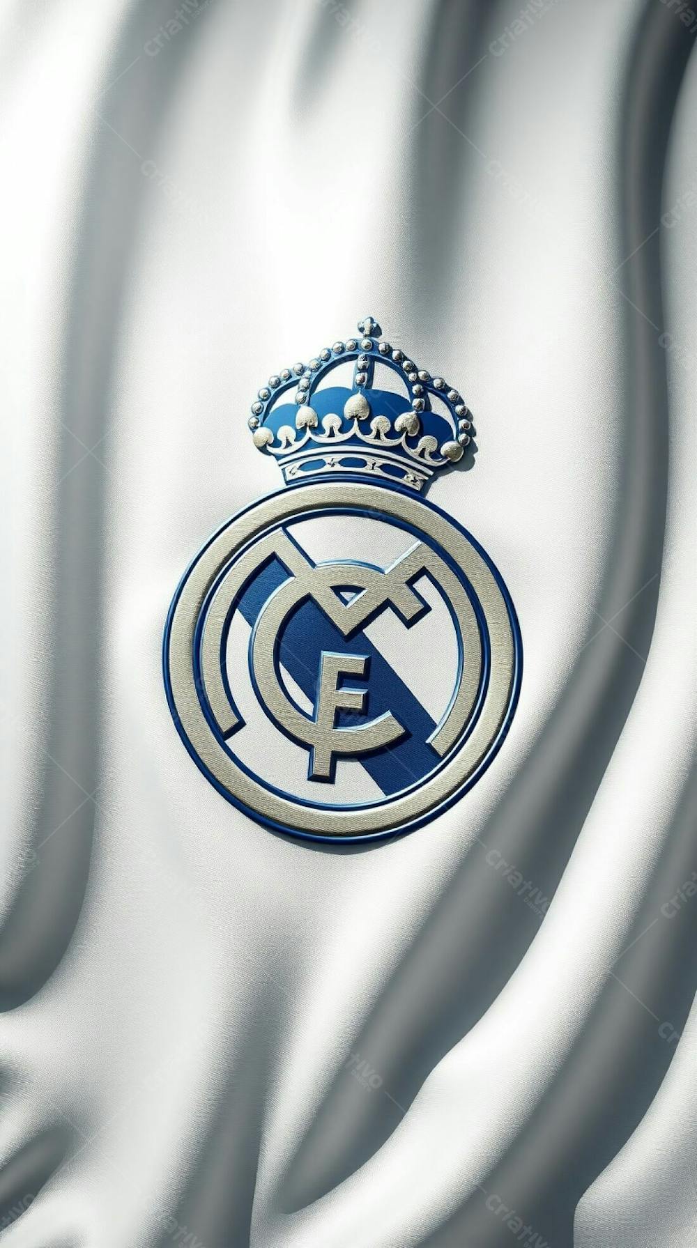 Highly Detailed 3D Render Of The Real Madrid Flag, White Fabric With Natural Folds, Crest Featuring A Shiny Metallic Effect, Dynamic Lighting Creating Realistic S