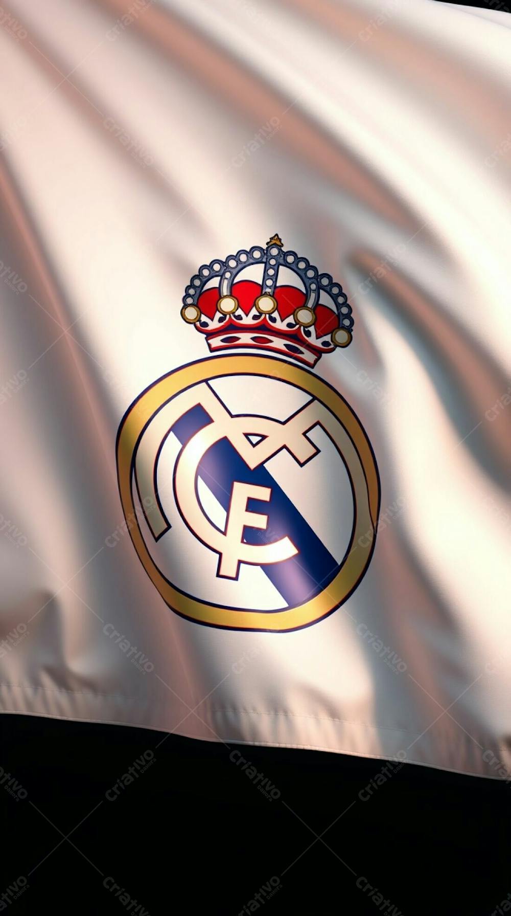 Highly Detailed 3D Render Of The Real Madrid Flag, White Fabric, Natural Folds, Shiny Metallic Crest, Dynamic Lighting, Realistic Shadows, Warm Terracotta And Coo