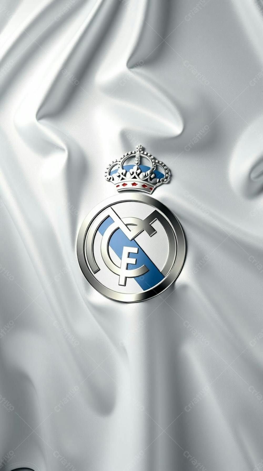 Highly Detailed 3D Render Of The Real Madrid Flag, White Flowing Fabric With Natural Folds, Shiny Metallic Crest, Dynamic Lighting With Realistic Shadows, Smooth