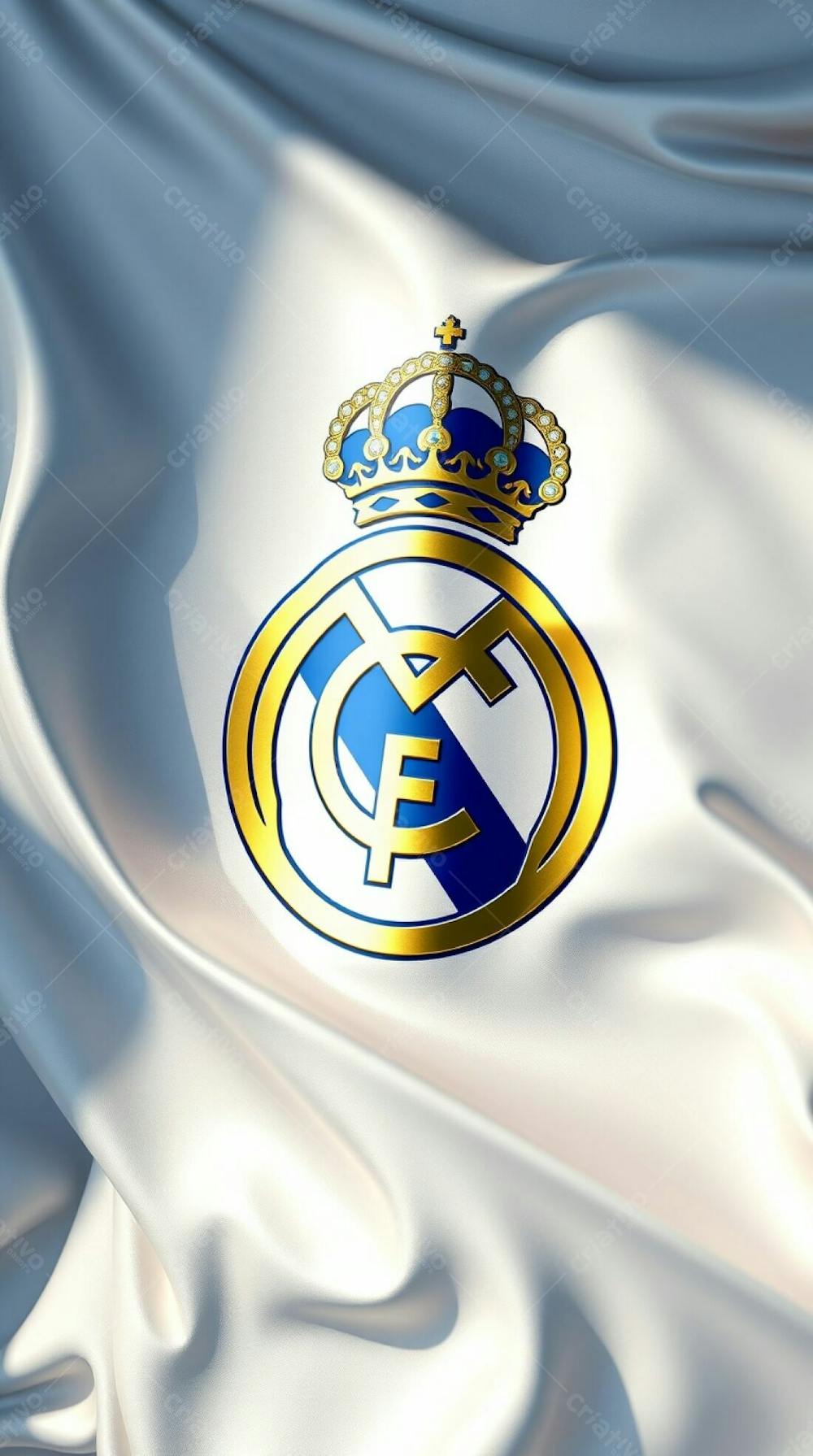 Highly Detailed 3D Render Of The Real Madrid Flag, White Flowing Fabric, Shiny Metallic Crest, Dynamic Lighting, Realistic Shadows, Vibrant Gold And Blue Crest Co