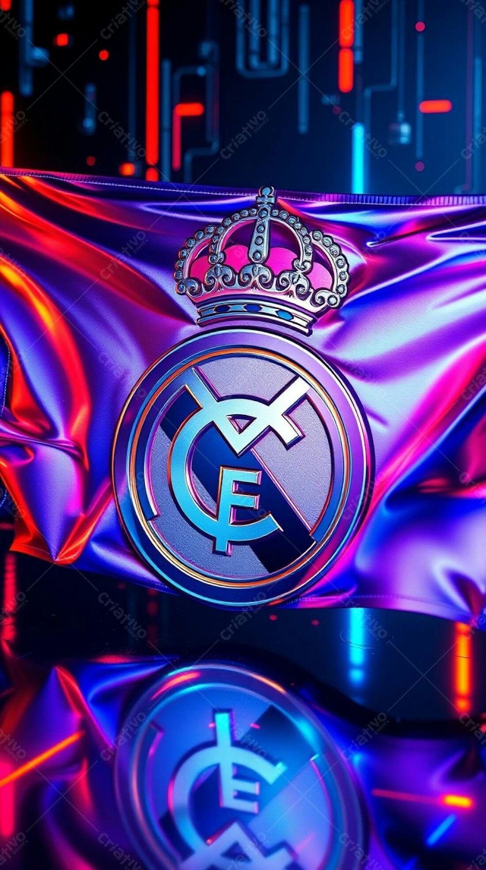 Highly Detailed 3D Render, Real Madrid Flag, Futuristic Sci Fi Style, Iridescent Colors And Reflections, Advanced Technology And Space Elements