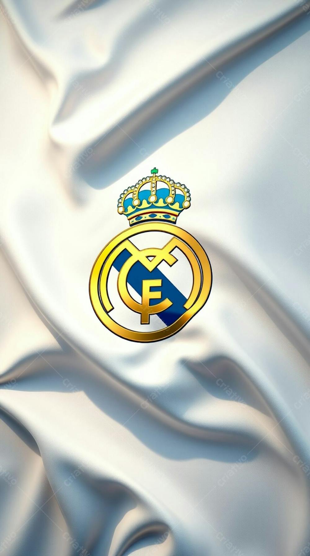 Highly Detailed 3D Render, Real Madrid Flag, White Flowing Fabric With Natural Folds, Shiny Metallic Crest, Dynamic Lighting Creating Realistic Shadows, Vibrant G