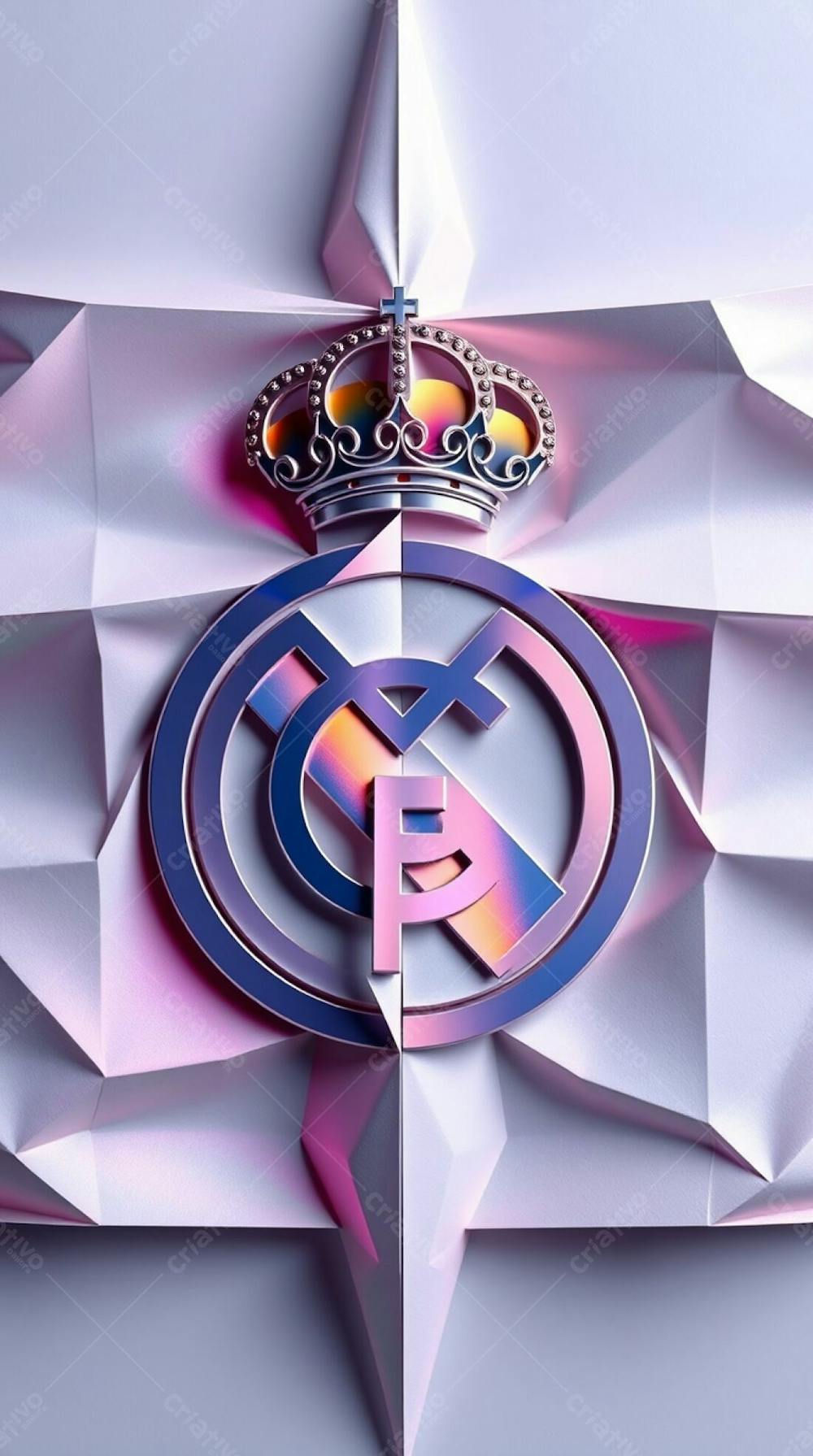 Intricate Origami Style Rendered In Iridescent Colors, Depicting A Highly Detailed, 3D Real Madrid Flag. The Flag Is Subtly Waving, With Natural Folds. The Crest