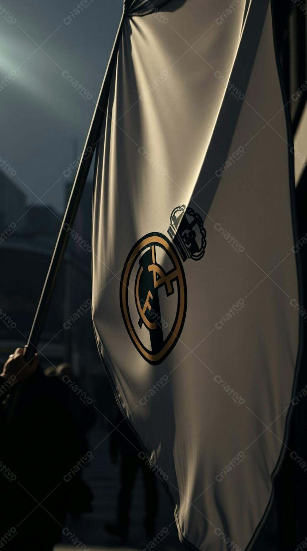 Moody Street Photography Style Image Of A Real Madrid Flag, Candid Shot, Urban Scene, Spontaneous Moment, Low Contrast, Highly Detailed 3D Rendered Flag With Flow