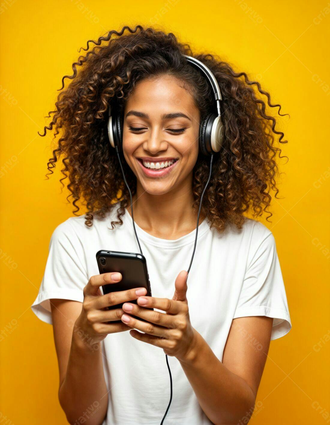 Mulher feliz ouvindo música com fone de ouvido