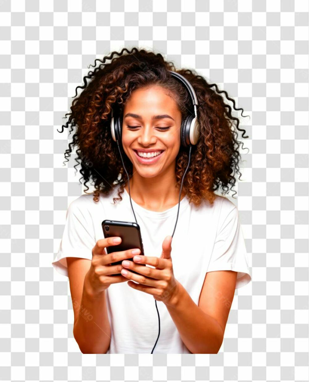 Mulher De Cabelos Encaracolados Camiseta Branca Segura Smartphone Usando Fones De Ouvido Sorrindo