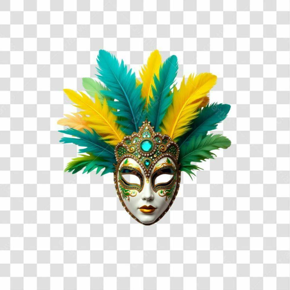 Máscara 3D Branca Decorada Para O Carnaval Com Penas Em Cores Brasileira Png Transparente