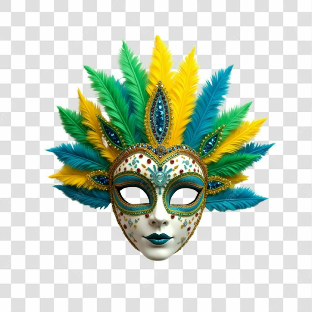 Máscara 3D Branca Decorada Para O Carnaval Com Penas Em Cores Brasileiras Png Transparente