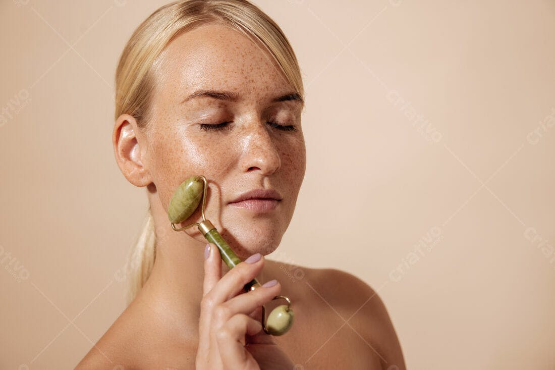 Mulher usando rolo de jade para massagem facial