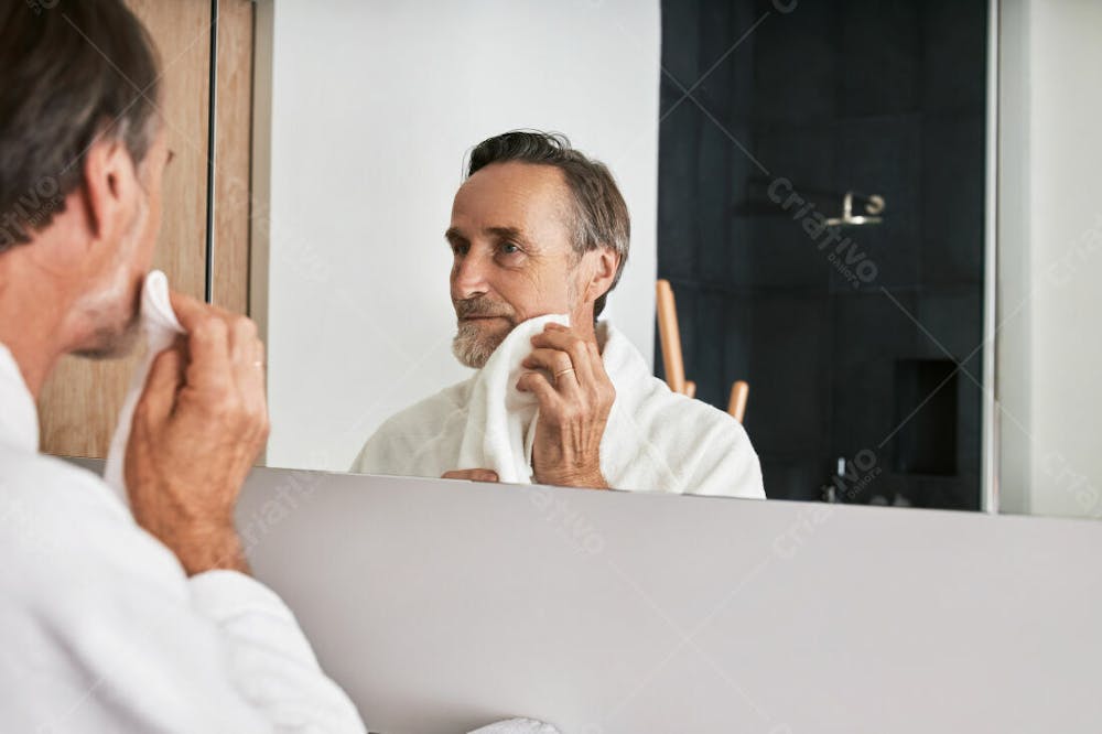 Homem Sênior Olhando No Espelho Do Banheiro