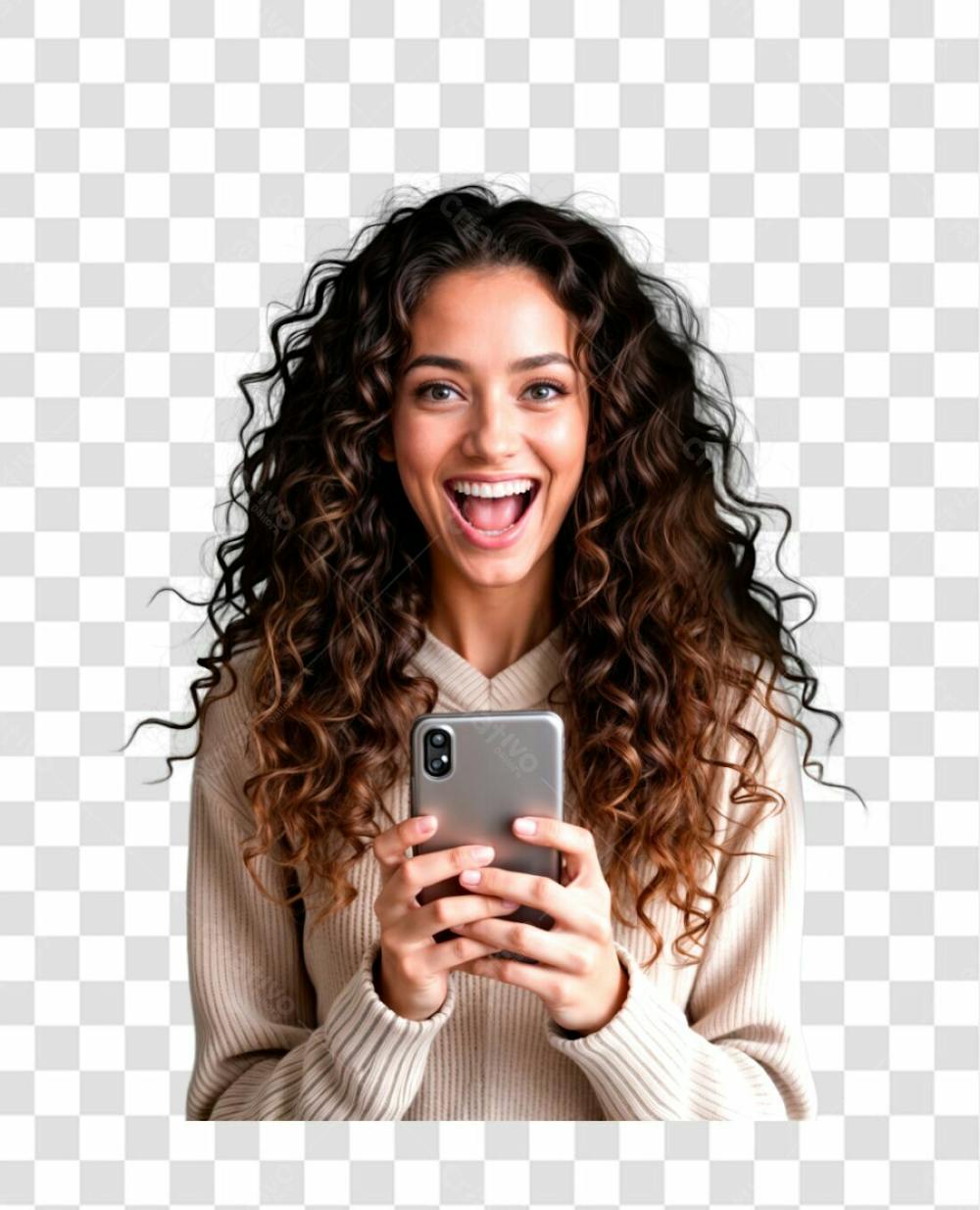 Impressionada Otimista Feliz Mulher Cabelo Comprido Encaracolado Boca Aberta Alegre Com Smartphone