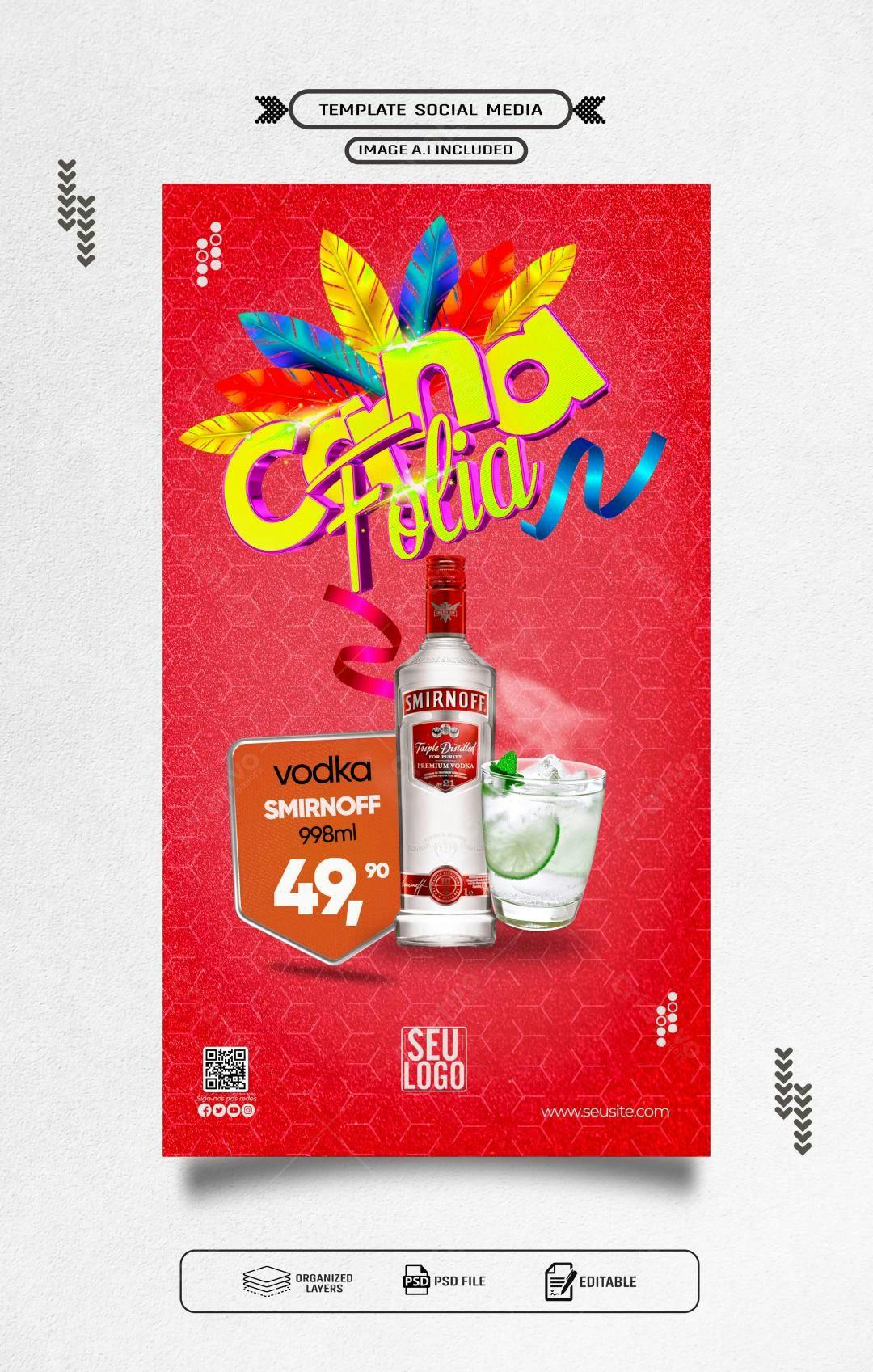 Flyer Carnaval com Vodka Smirnoff PSD Editável