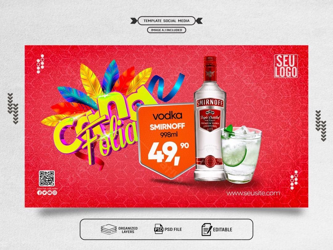 Banner Carnaval com Vodka Smirnoff PSD Editável