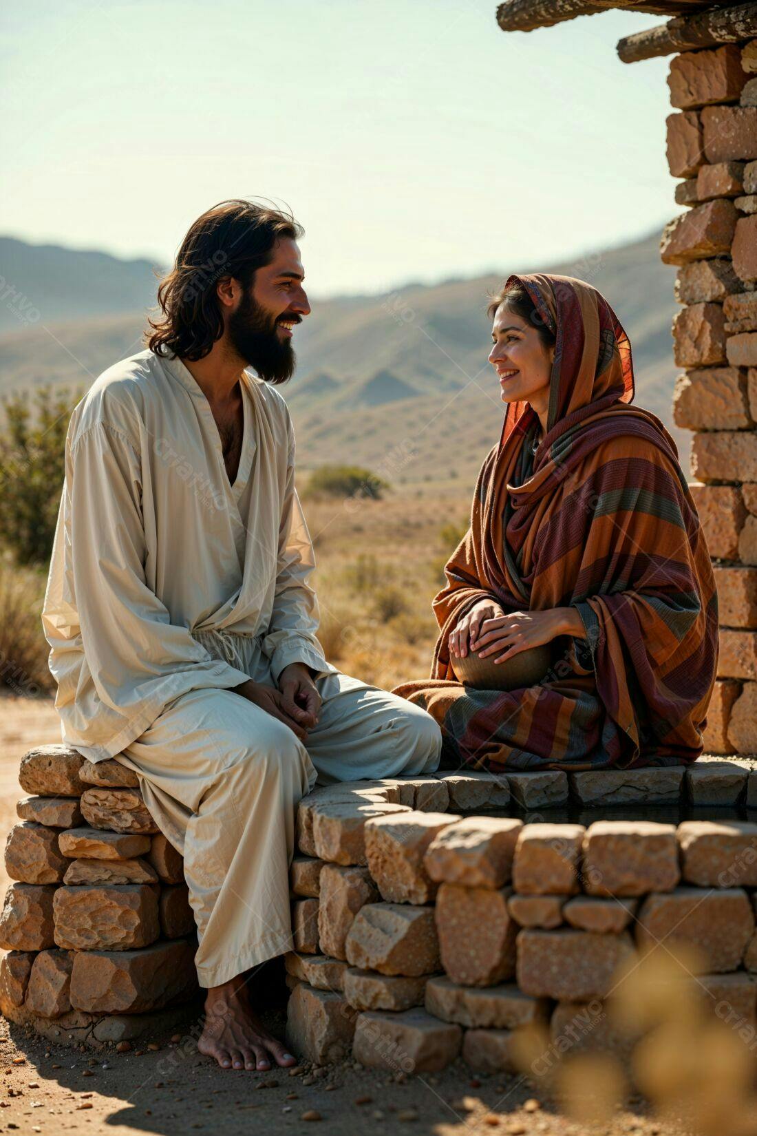 Jesus e mulher conversa poço paisagem seca