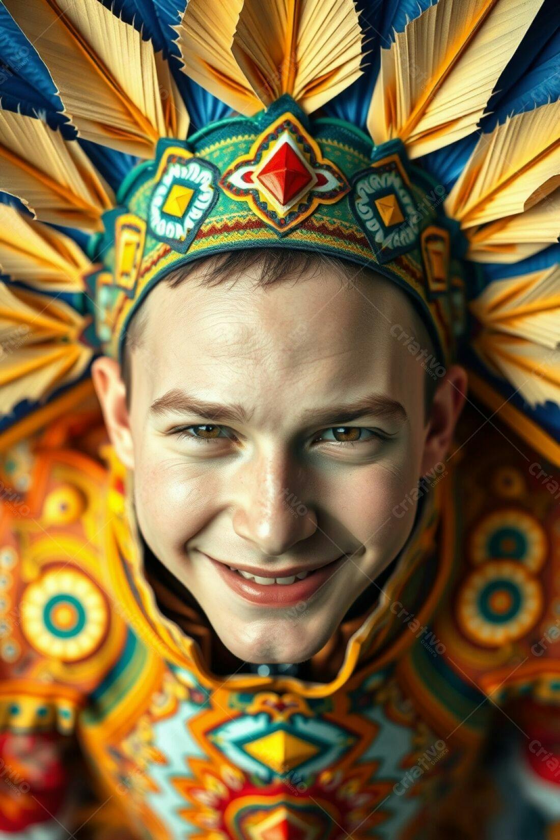 Menino sorridente com traje indígena colorido