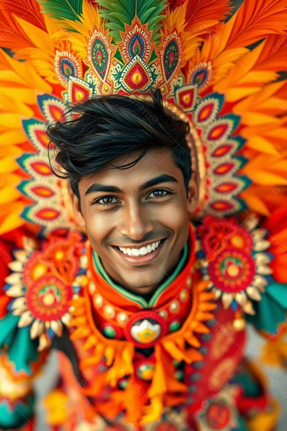 Homem sorridente com fantasia vibrante de carnaval