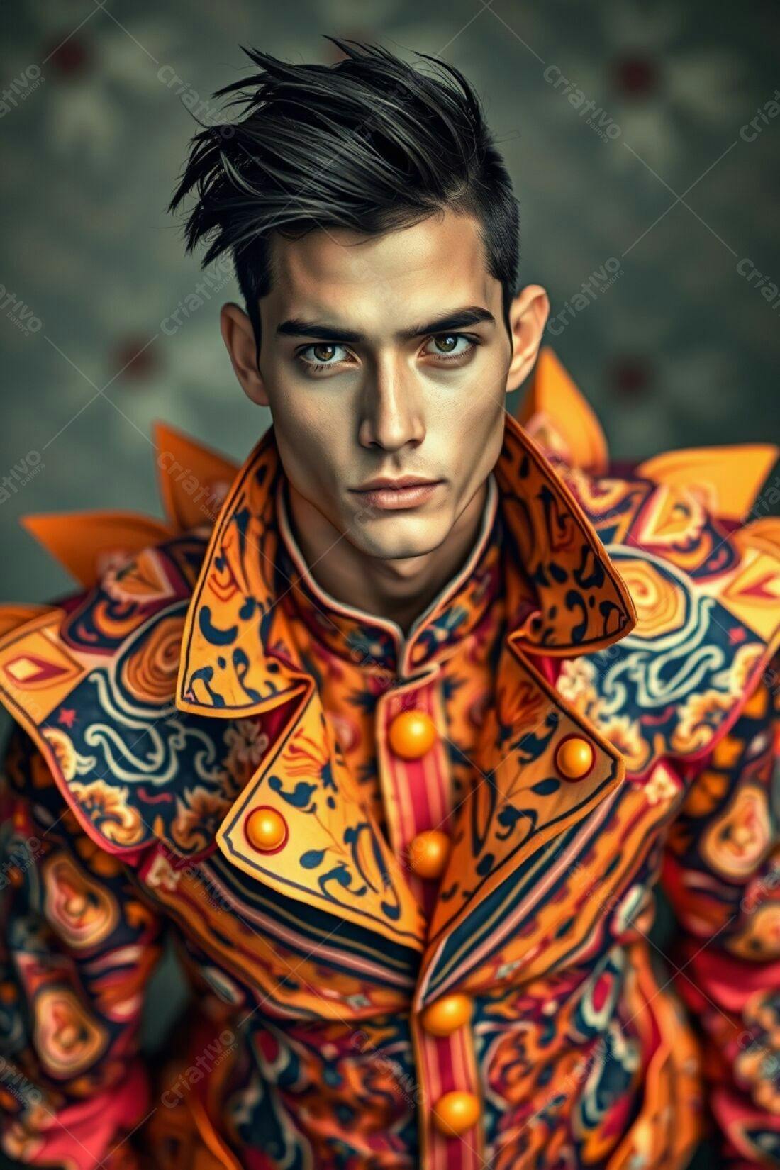 Modelo vestindo casaco laranja com detalhes azuis